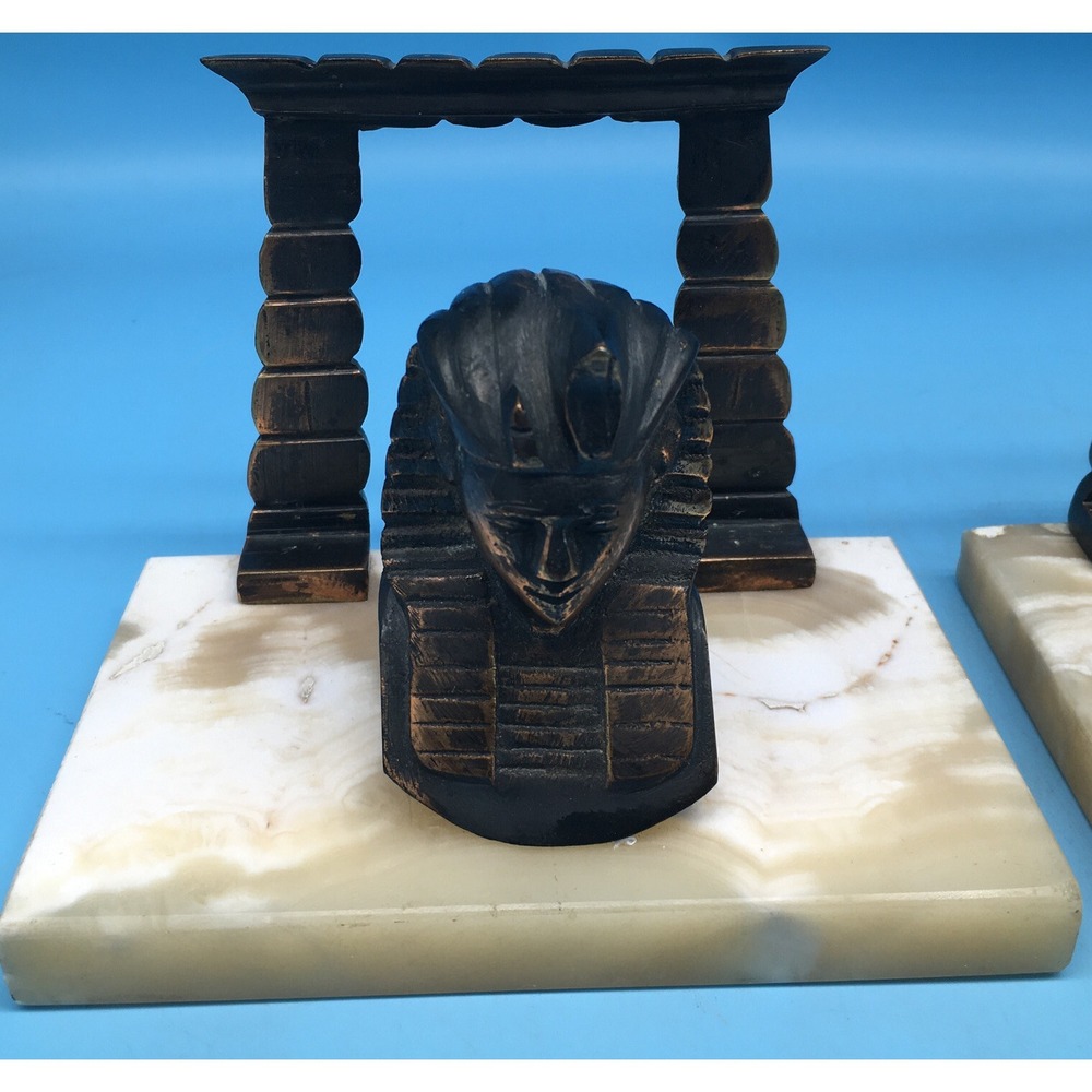 Brass Egyptian head Bookends On Blond Marble Base - Picture 2 of 10